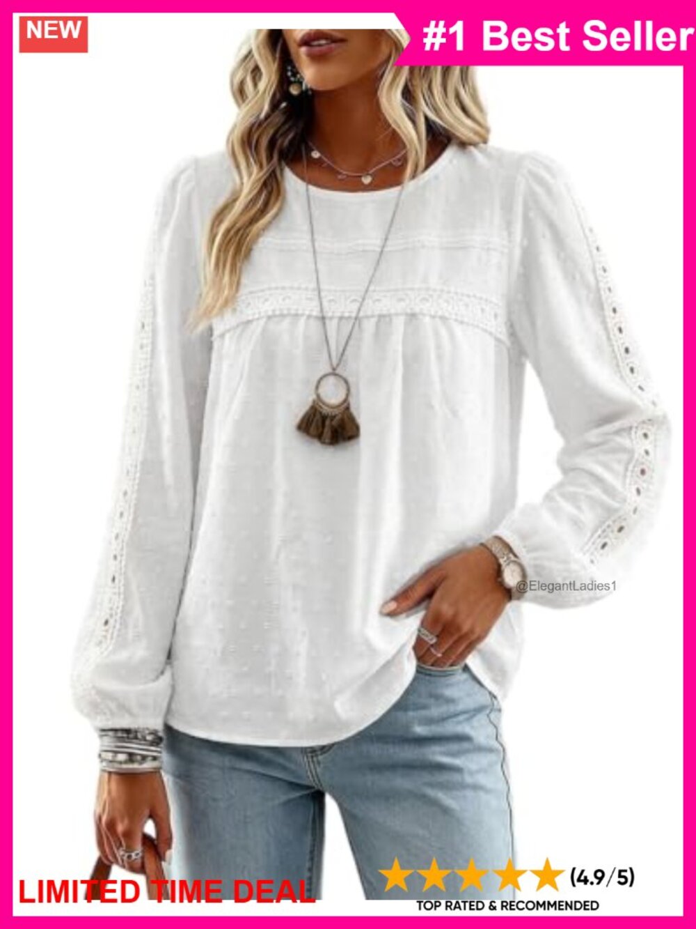 Boho Puff Long Sleeve Tunic Top Crochet Lace Trim Swiss Dot Blouse